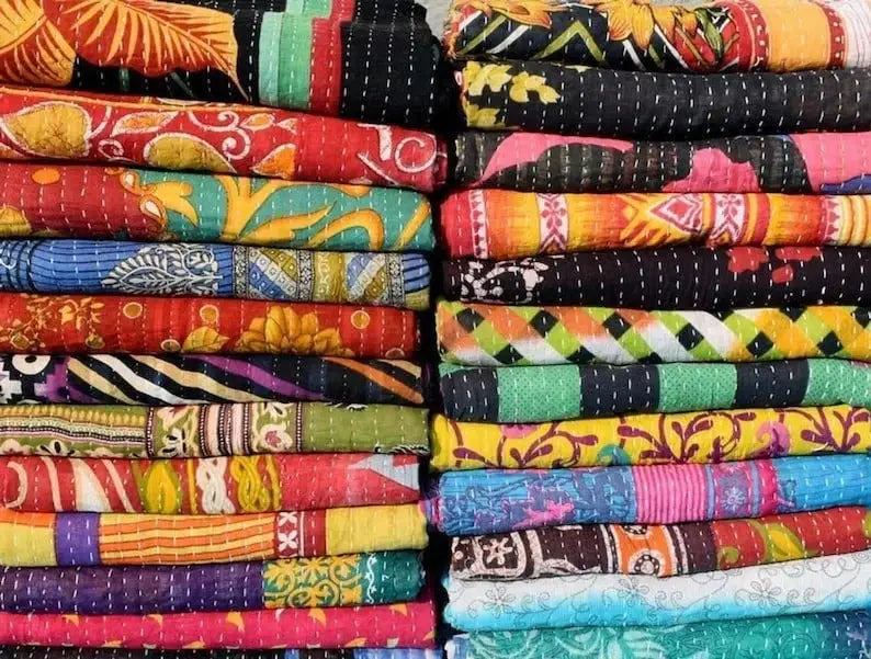 Handmade Indian Kantha Reversible Quilt Blanket