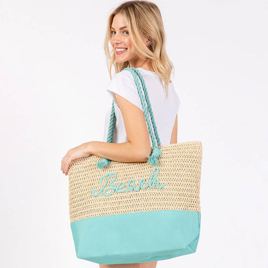 "Beach" Embroidered Crochet Tote Bag