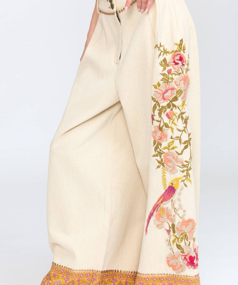 Time To Shine Denim Pants - Cream | Wide Leg Floral Slacks