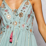 Boho Smocking Mirror Embroidery V-Neck Sleeveless Dress