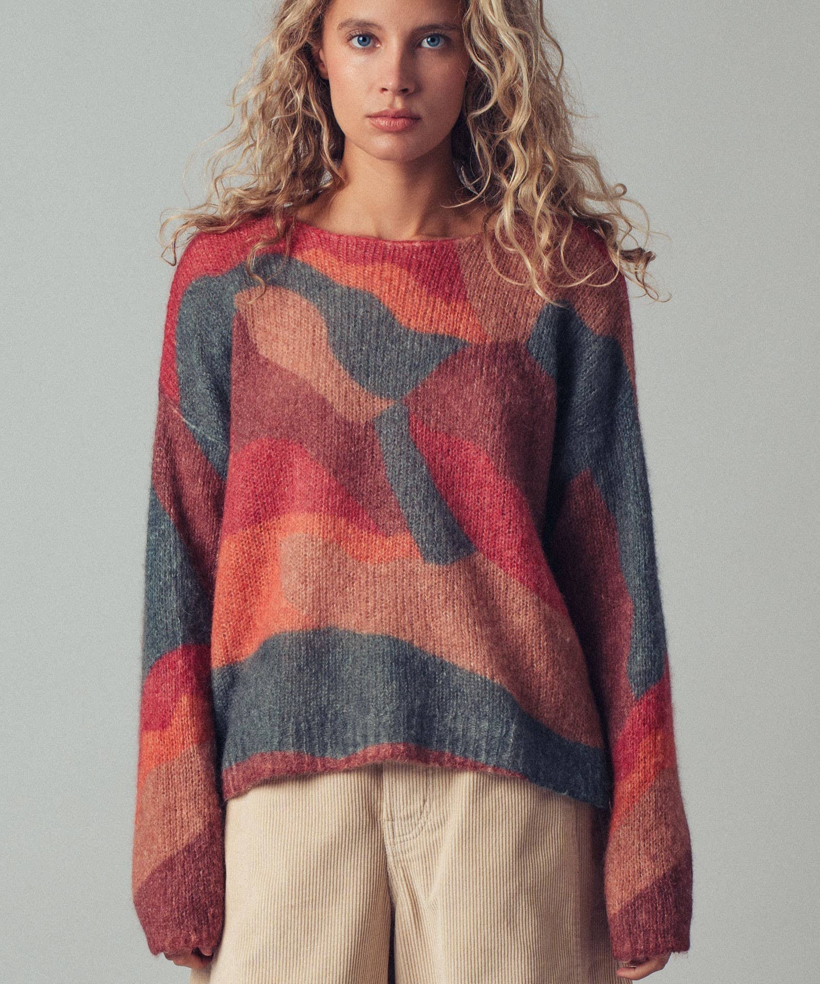 Abstract Pattern Boxy Fuzzy Knit Sweater