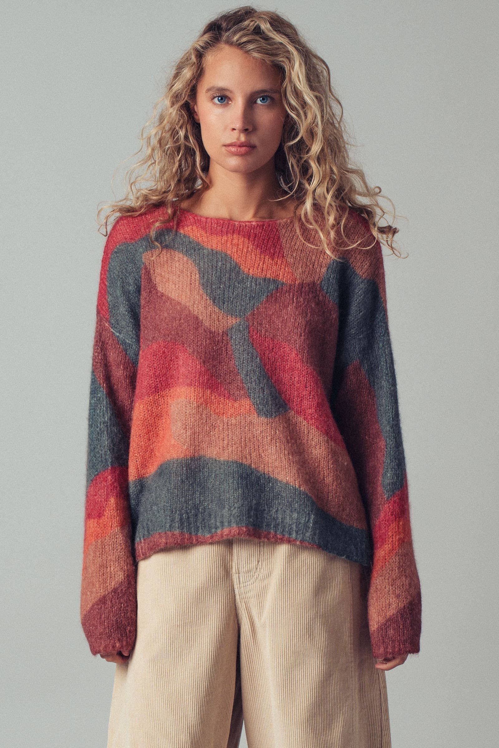Abstract Pattern Boxy Fuzzy Knit Sweater