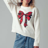 Plaid Bow Patch  Knit Sweater