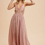 Border Print V-Neck Maxi Dress