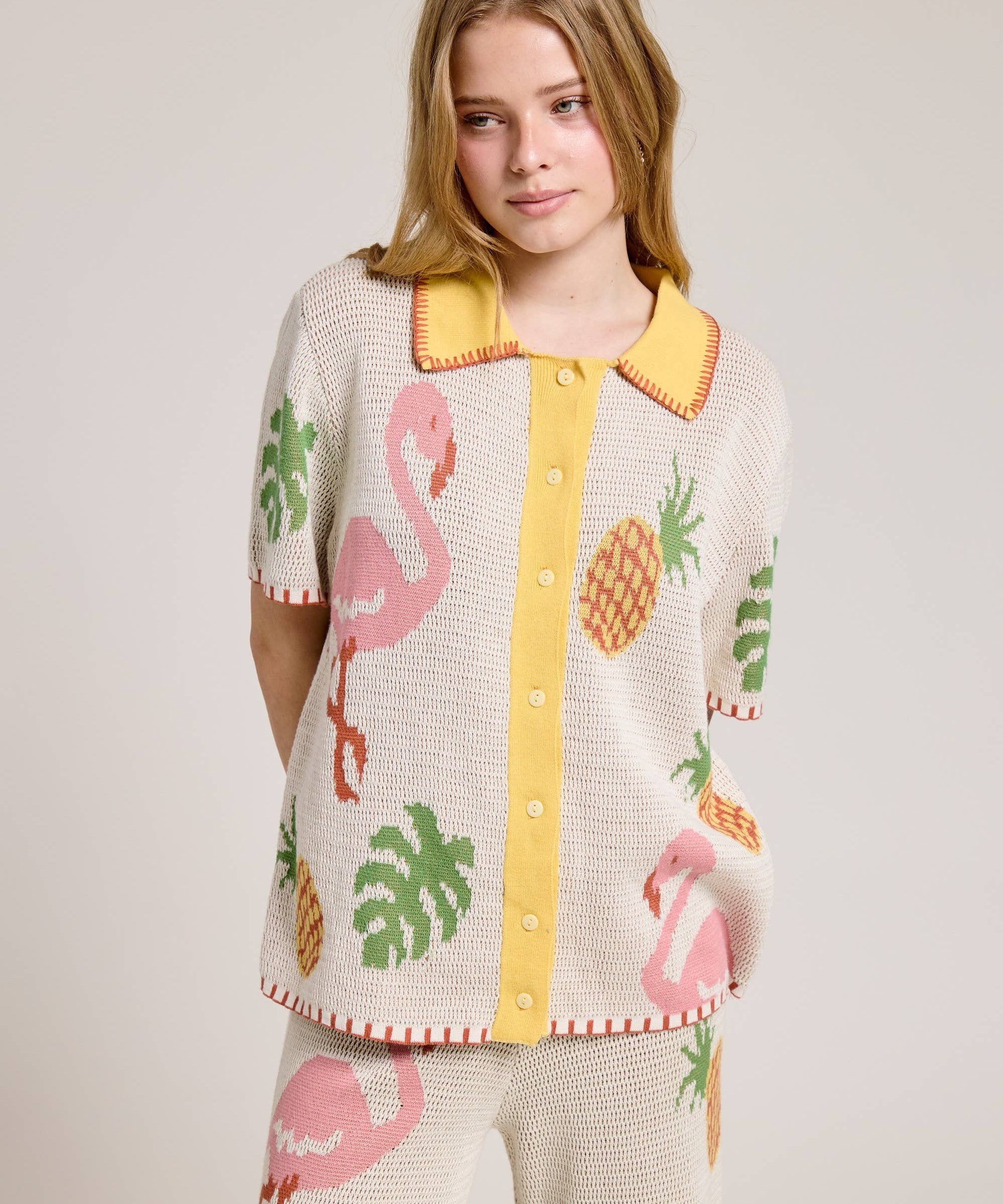 Tropical Knit Button Top