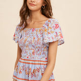 Border Print Smocked Peasant Top