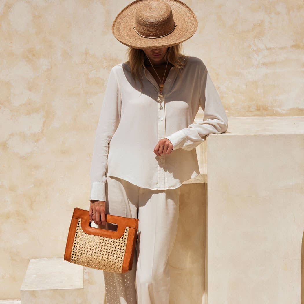 Rattan Cane Weave Handbag with Brown Leather Trim
