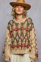 Aztec Pattern Floral Detail Sweater