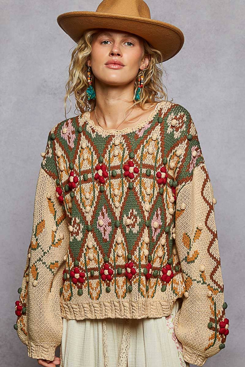 Aztec Pattern Floral Detail Sweater