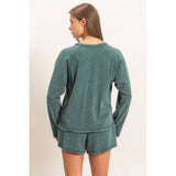 Mineral Wash Long Sleeve Raw Edge Top & Shorts Set