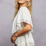 Lace Trim V Ruffle Detail Textured Woven Short Sleeve Top