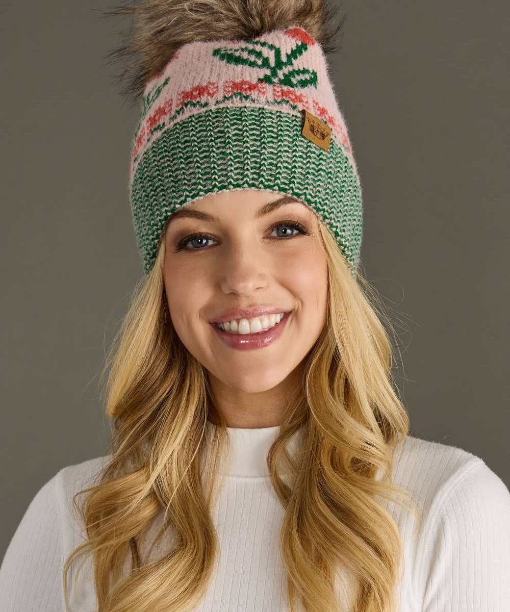 Lt. Pink Cherry Pattern Pom Hat
