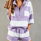 Colorblock Striped Half Zipper Top Shorts Athleisure Set