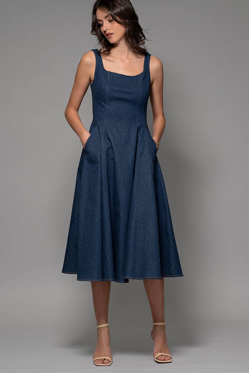 Square Neck Denim A-Line Midi Dress