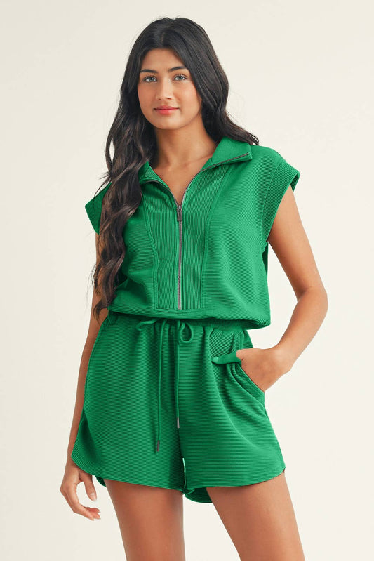 Half-Zip Drawstring Waist Romper
