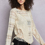Long Sleeve Round Neck Lace Texture Knit Slim Fit Top
