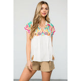 Embroidered Babydoll Tassel Tie Top