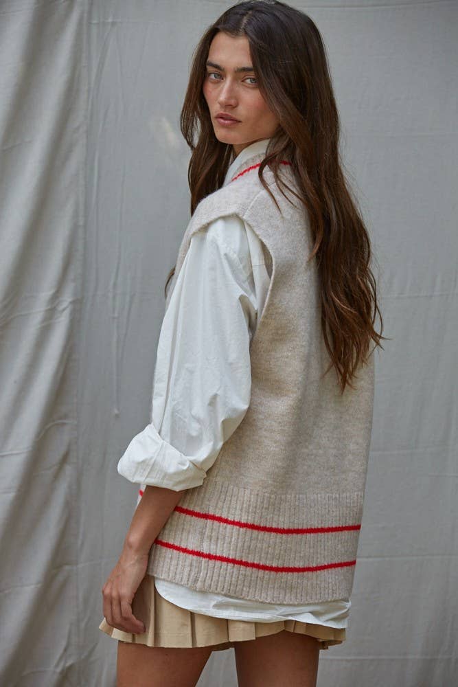 Knit Sweater Vest Top With Printed Striped Detail