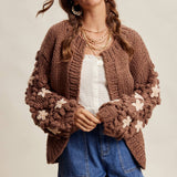 Hand Knit Floral Bobble Sleeve Cardigan LSW1097