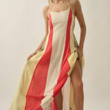 Colorblock Cotton Gauze Open-Back Halter Pocket Maxi Dress