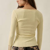 Solid Ribbed Knit Long-Sleeve Lace-Cuff Fitted Top