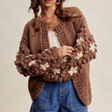 Hand Knit Floral Bobble Sleeve Cardigan LSW1097