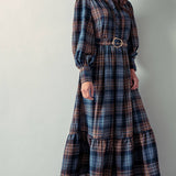 Plaid Belted Layered Button Down Balloon Sleeve Maxi Dress
