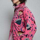 Embroidered Stand Collar & Contrast Trim Velvet Jacket