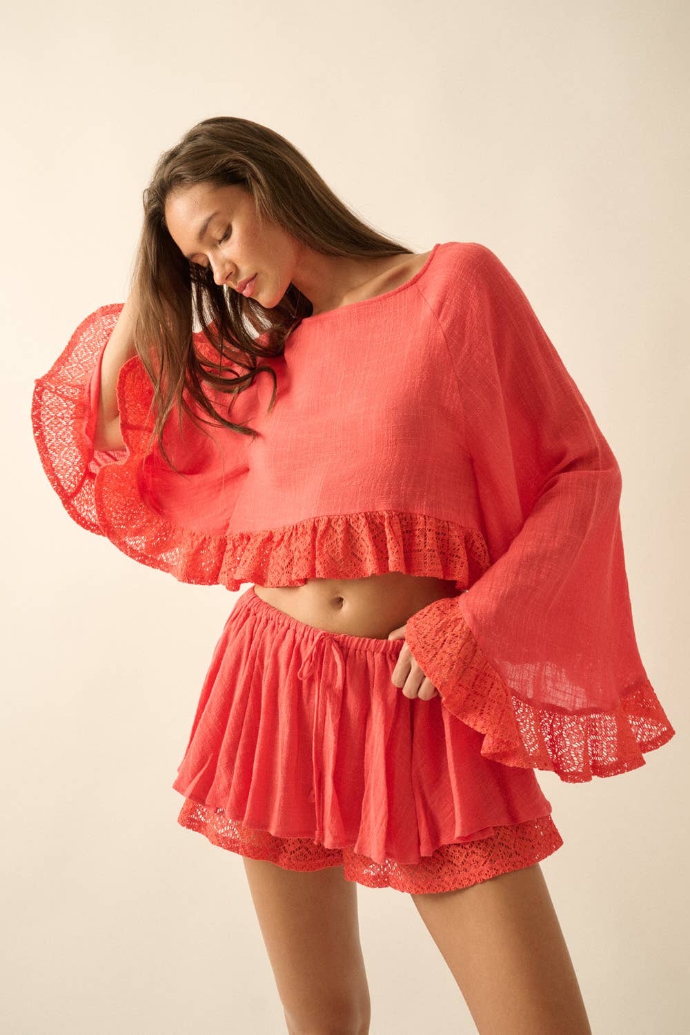 Cotton Gauze and Crochet Lace Ruffle Bell-Sleeve Cropped Top