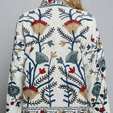 Embroidered Band Collar Knotted Button Woven Jacket
