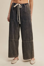 Wide-Leg Denim Drawstring Pants