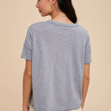 Garment Washed Button Front Lace Trim Top
