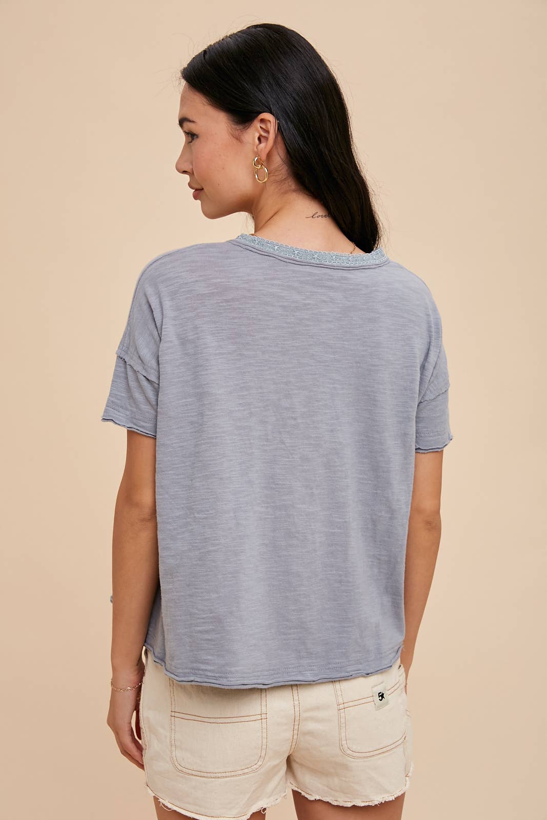 Garment Washed Button Front Lace Trim Top
