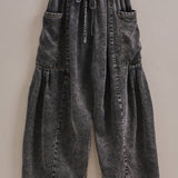 Washed Denim Utility Wide Leg Pants With Cargo Pockets