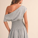 ID9559  OFF SHOULDER SMOCKED WAIST MINI DRESS