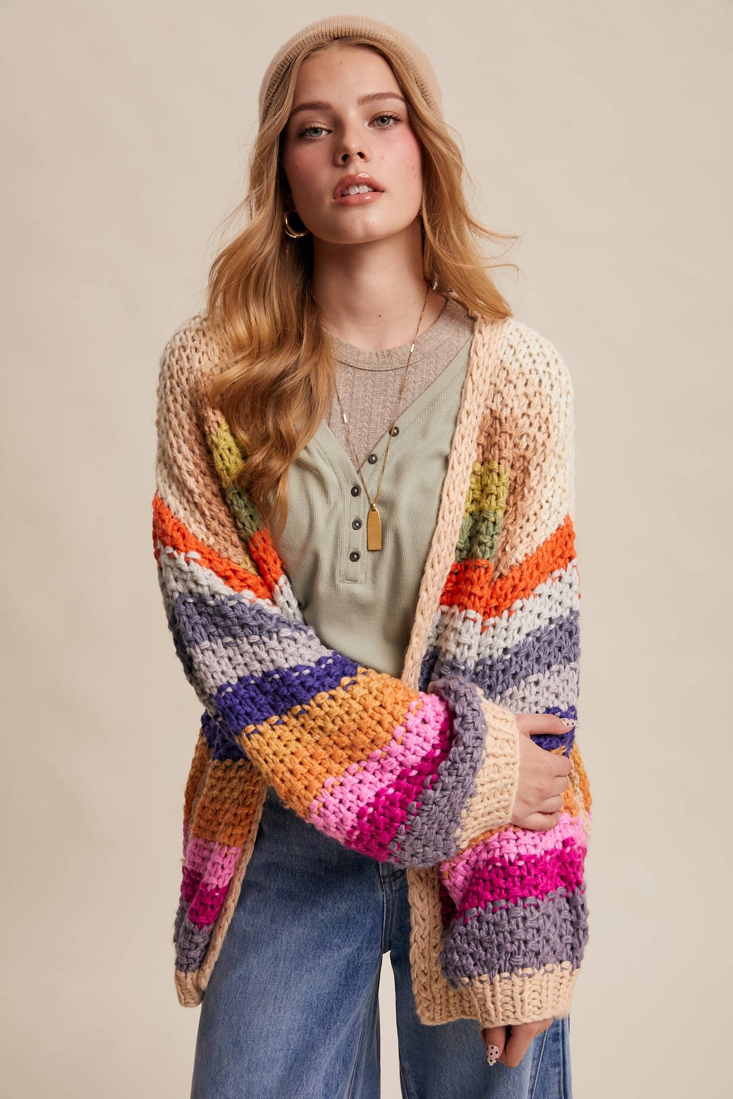 Rainbow Hand-Crochet Open Cardigan