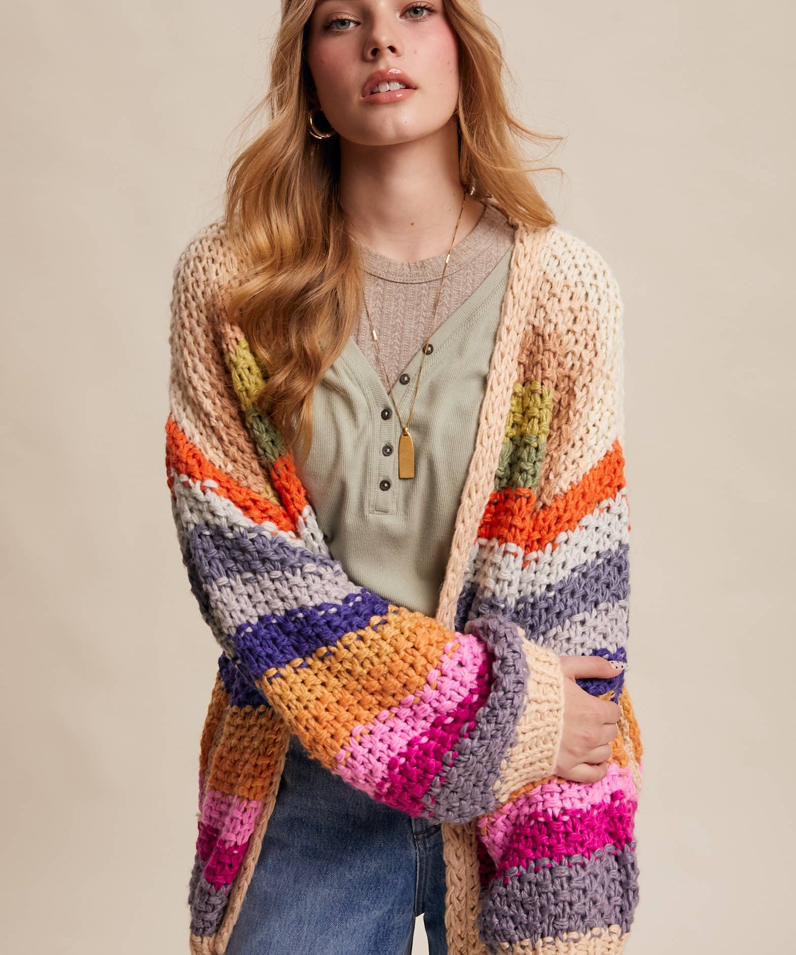 Rainbow Hand-Crochet Open Cardigan