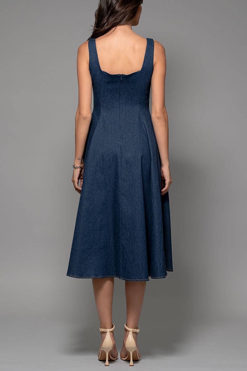 Square Neck Denim A-Line Midi Dress
