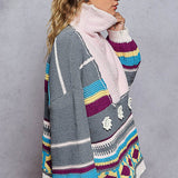 High Collar Half Zipper Ethnic Color Block Pullover Sweater