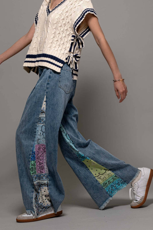 Paisley Bandana Print Wide-Leg Denim Jeans