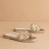 The Ena | Gold H Cutout Raffia Slide