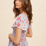 Border Print Smocked Peasant Top