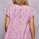 V-Neck Floral Pattern Ruffle Sleeve Top