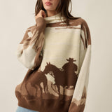 Western Landscape Jacquard-Knit Mock-Neck Sweater
