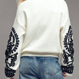 Embroidered Sleeve Ivory Knit Sweater