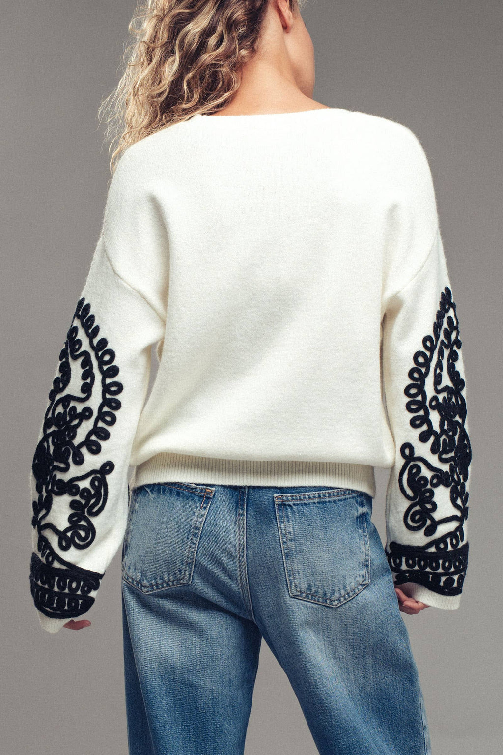 Embroidered Sleeve Ivory Knit Sweater