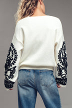 Embroidered Sleeve Ivory Knit Sweater