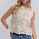 SLEEVELESS ROMANTIC LACE TOP WITH SOFT SCALLOPED HEM