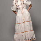 Embroidered Balloon Sleeve Midi Dress