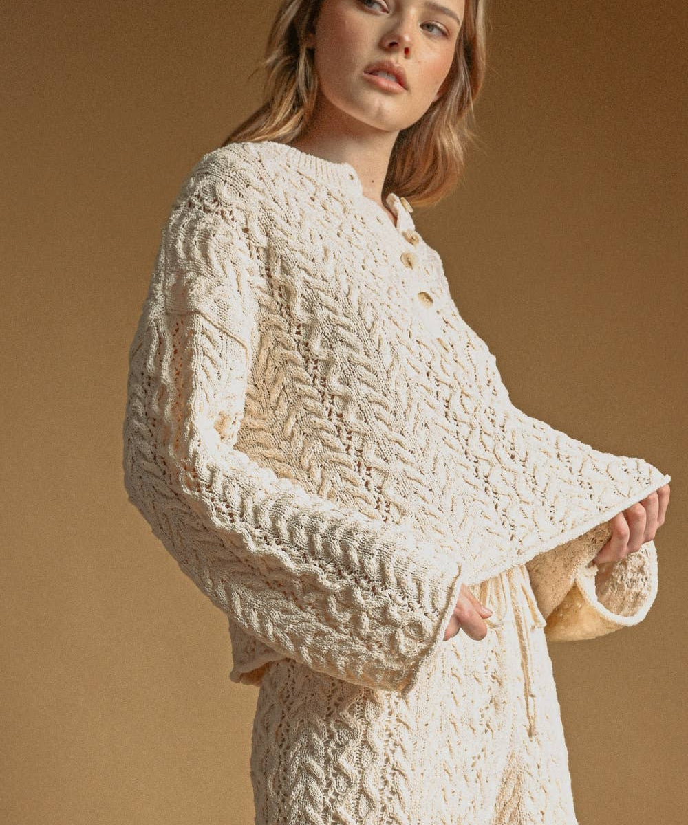 T6979ST   CABLE SWEATER HALF BUTTON UP PULLOVER TOP